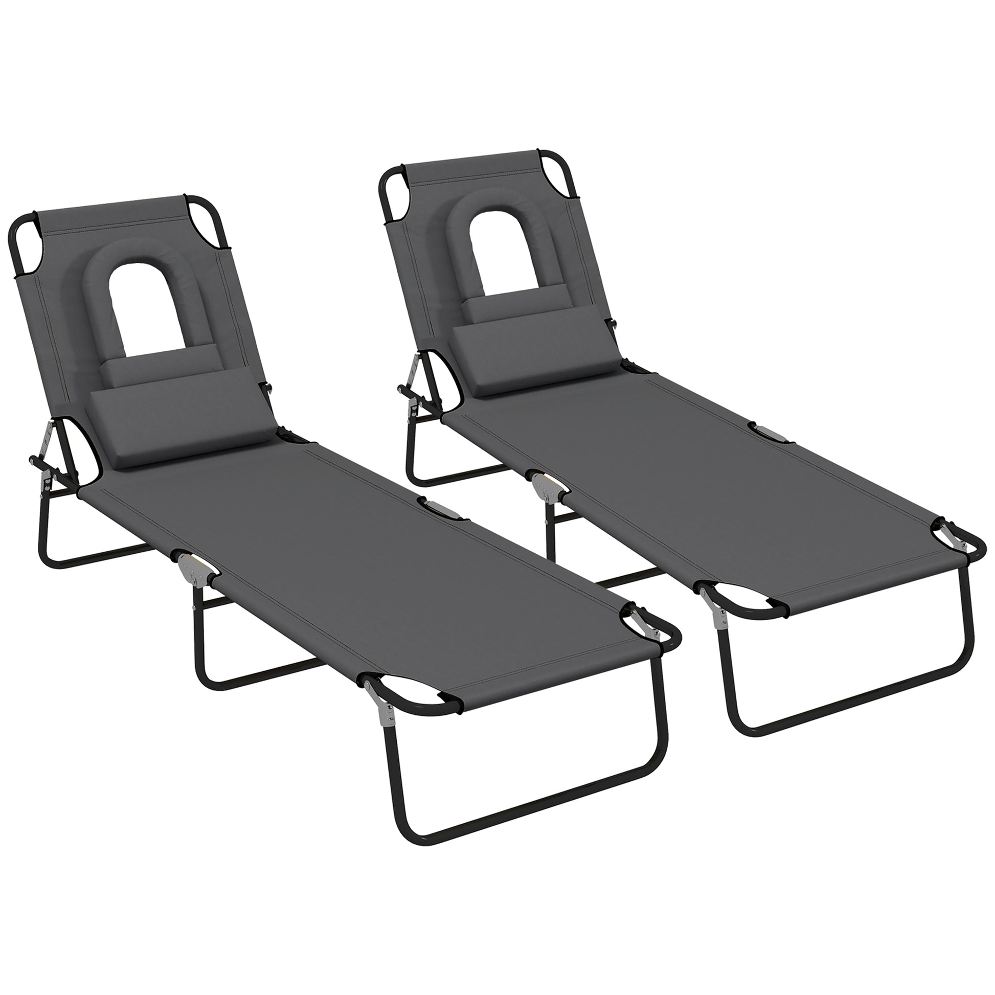 Photo of Outsunny Folding Sun Loungers Set of 2 with Face Hole, 4-Position Adjustable Backrest Garden Recliner Chairs Sunbeds, Outdoor Lounge Chairs with 600 D Oxford Cloth Seat, Pillow for Beach, Dark Grey in Grey colour on a white background