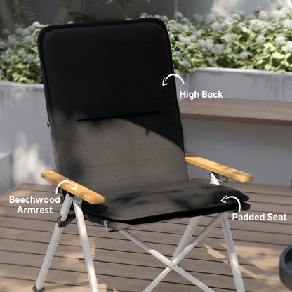 Black high-back camping chair with padded seat and beechwood armrests