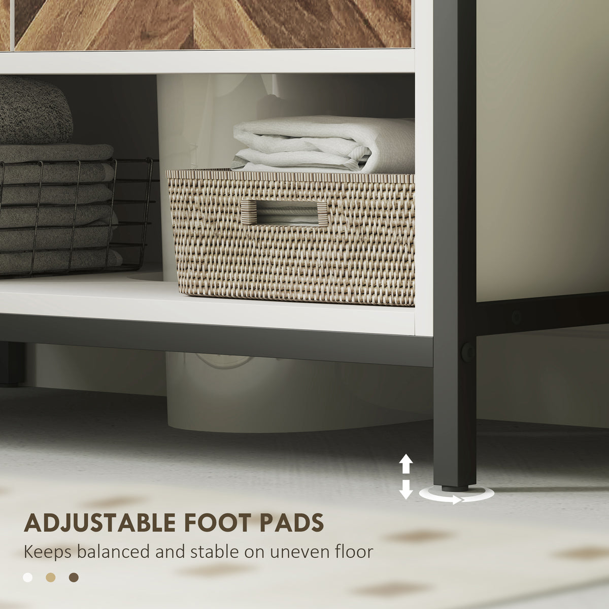 Cabinet lower shelf, black metal frame, and adjustable foot pad