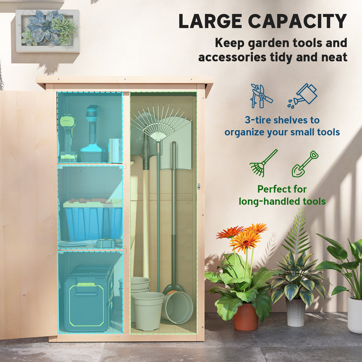 Outsunny wooden garden shed with three shelves and a tall tool compartment