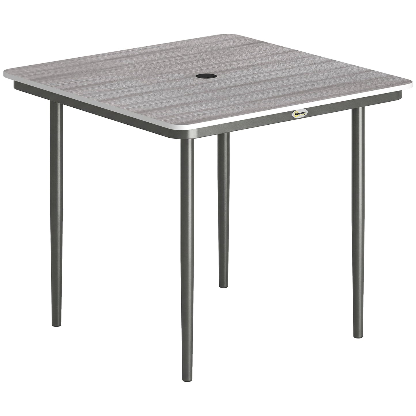 Photo of Outsunny Garden Dining Table for 4, 85 cm Square Outdoor Table with Umbrella Hole, Faux Wood Top, Metal Legs, Light Grey in Grey colour on a white background