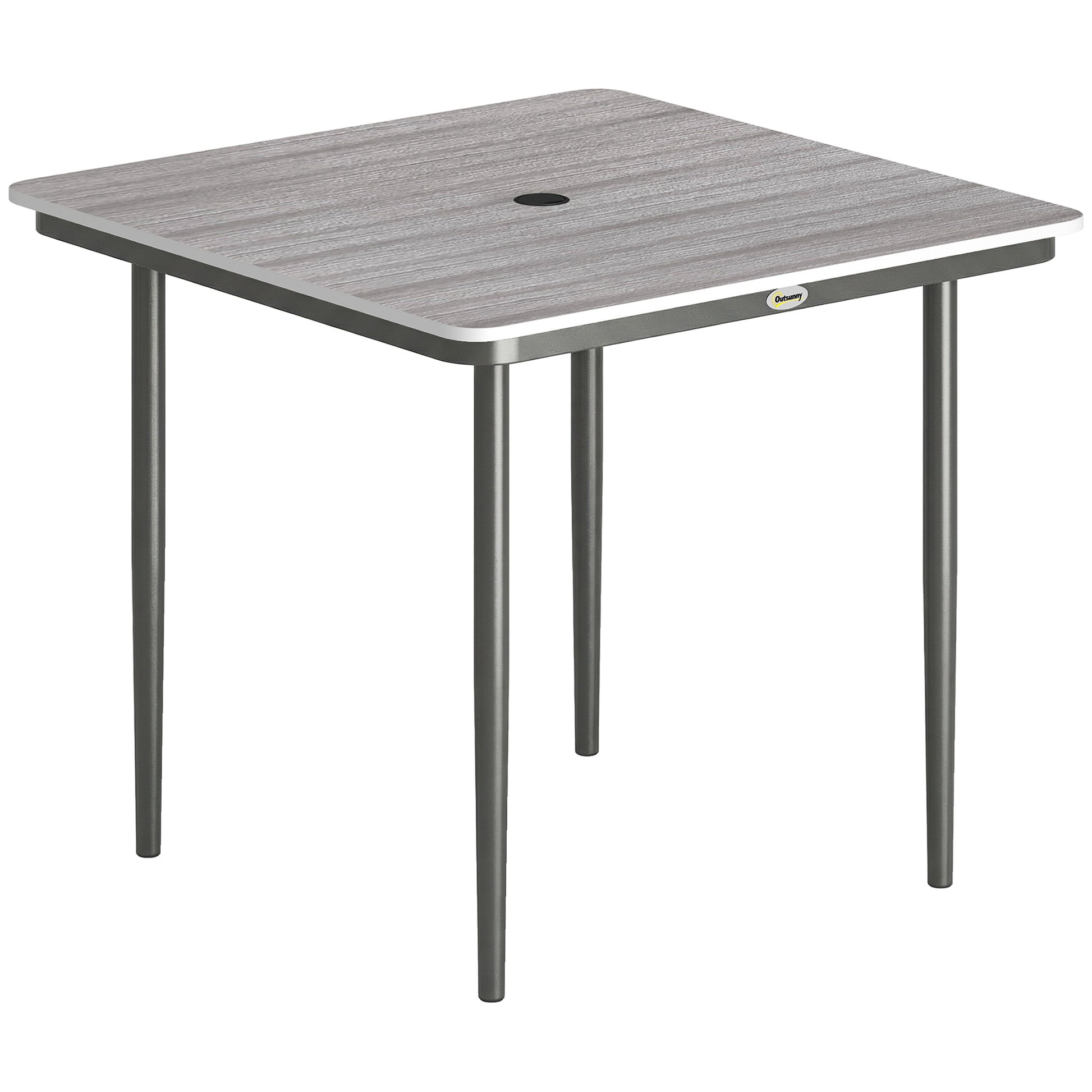 Photo of Outsunny Garden Dining Table for 4, 85 cm Square Outdoor Table with Umbrella Hole, Faux Wood Top, Metal Legs, Light Grey in Grey colour on a white background