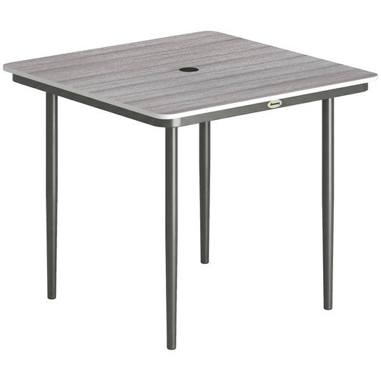 Photo of Outsunny Garden Dining Table for 4, 85 cm Square Outdoor Table with Umbrella Hole, Faux Wood Top, Metal Legs, Light Grey in Grey colour on a white background