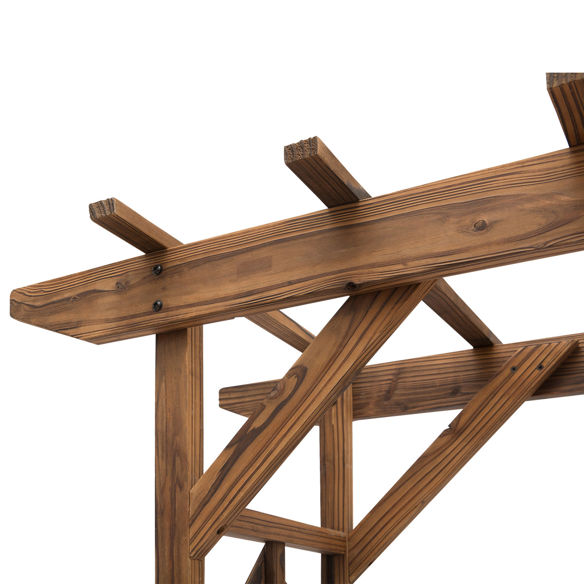 Close-up of the arbor's wood grain, bolted joints, and diagonal support braces