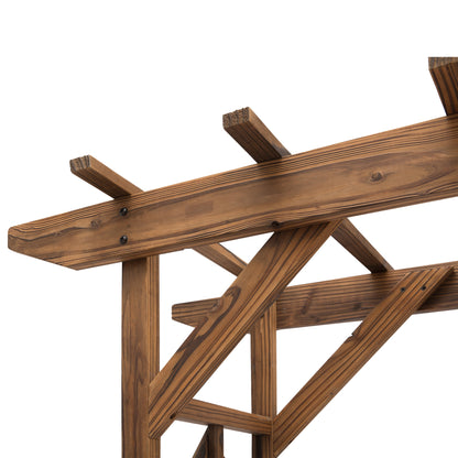 Close-up of the arbor's wood grain, bolted joints, and diagonal support braces