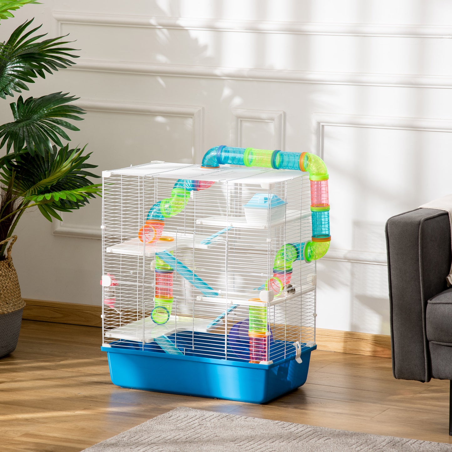 PawHut 5 Tier Hamster Cage, Gerbil Cage with Exercise Wheel, Feeder Bowl, Tube, Water Bottle, 59L x 36W x 69H cm - Blue