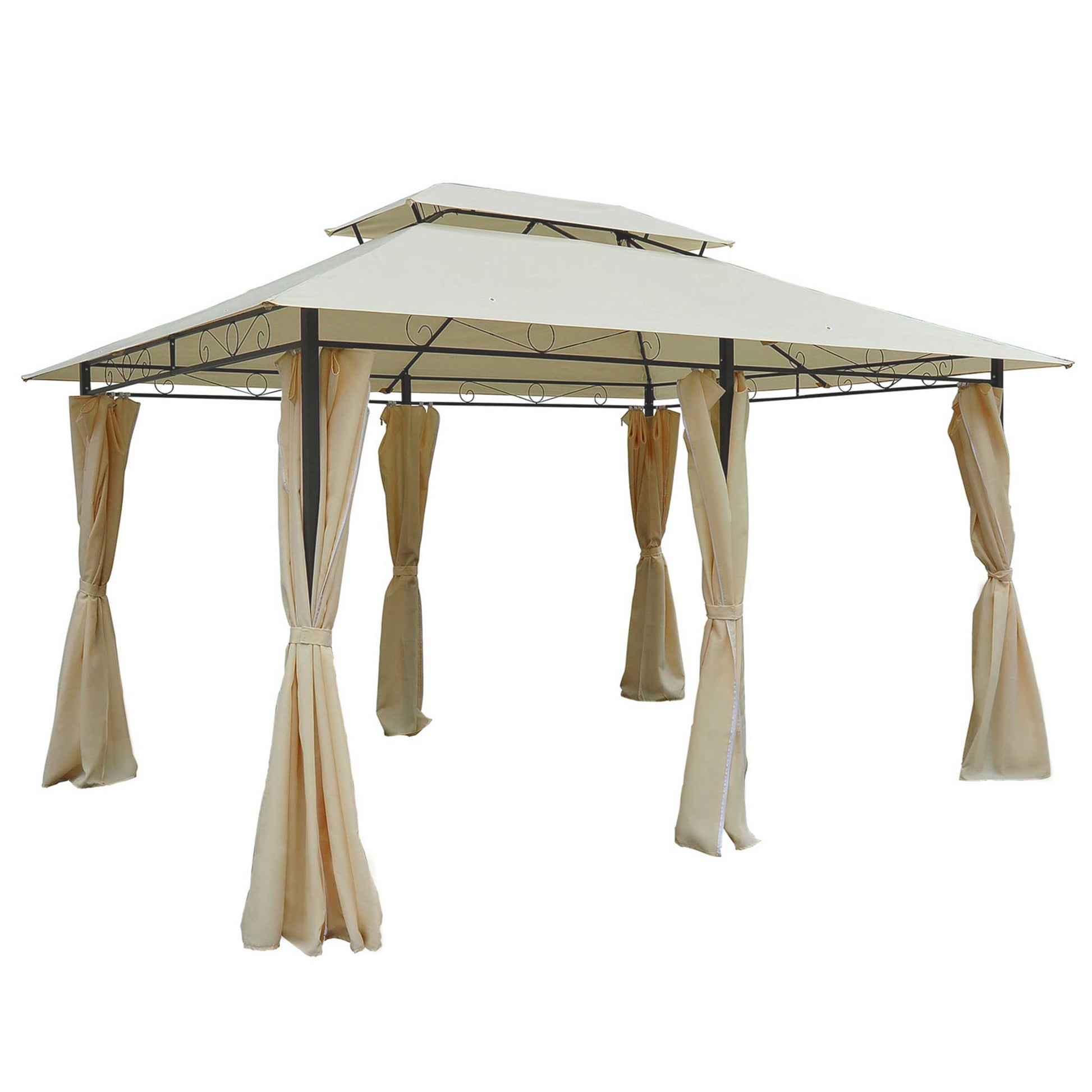 Photo of Outsunny 4m x 3(m)Garden Gazebo, Double Roof Outdoor Gazebo Canopy Shelter with Curtains, Solid Steel Frame for Lawn and Deck, Beige in Beige colour on a white background