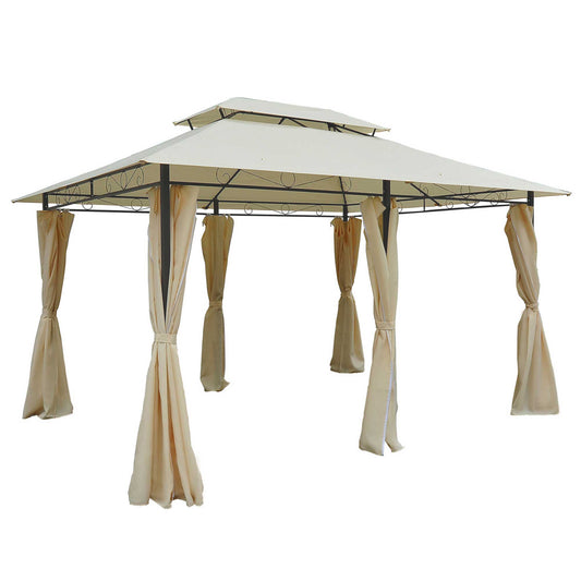 Photo of Outsunny 4m x 3(m)Garden Gazebo, Double Roof Outdoor Gazebo Canopy Shelter with Curtains, Solid Steel Frame for Lawn and Deck, Beige in Beige colour on a white background