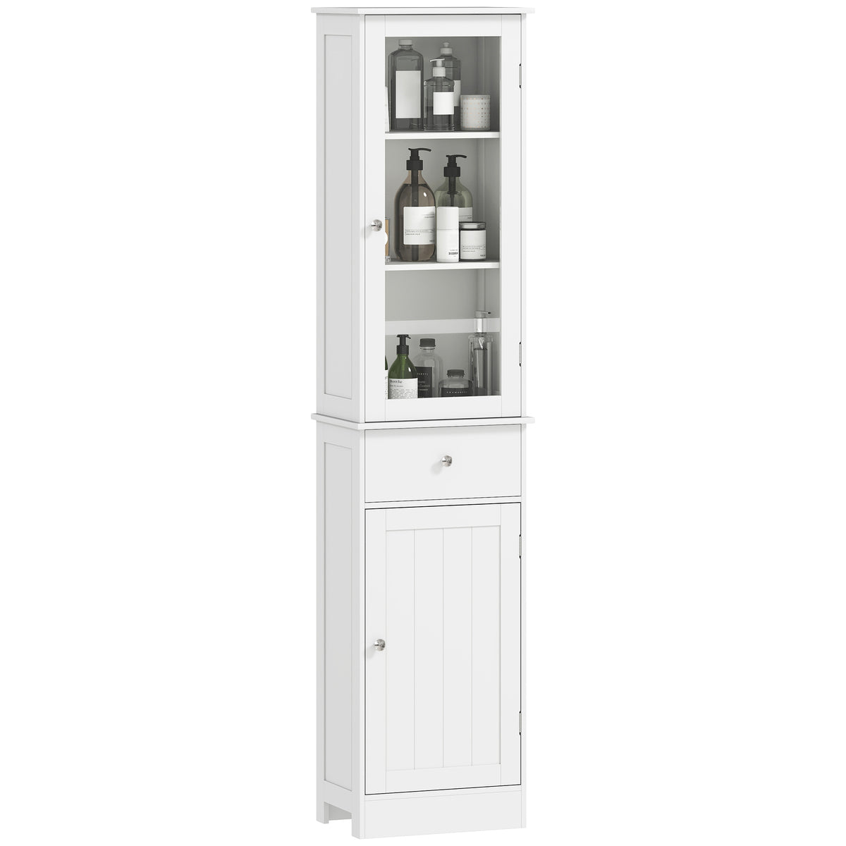 Tall white bathroom storage cabinet with upper glass door, drawer, and lower cupboard