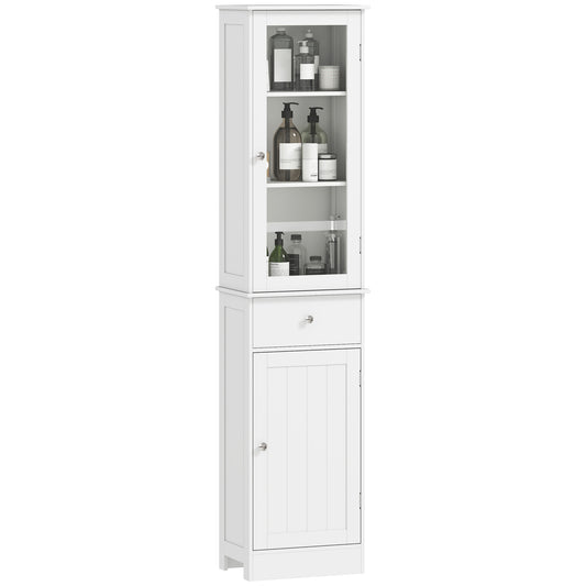 Tall white bathroom storage cabinet with upper glass door, drawer, and lower cupboard