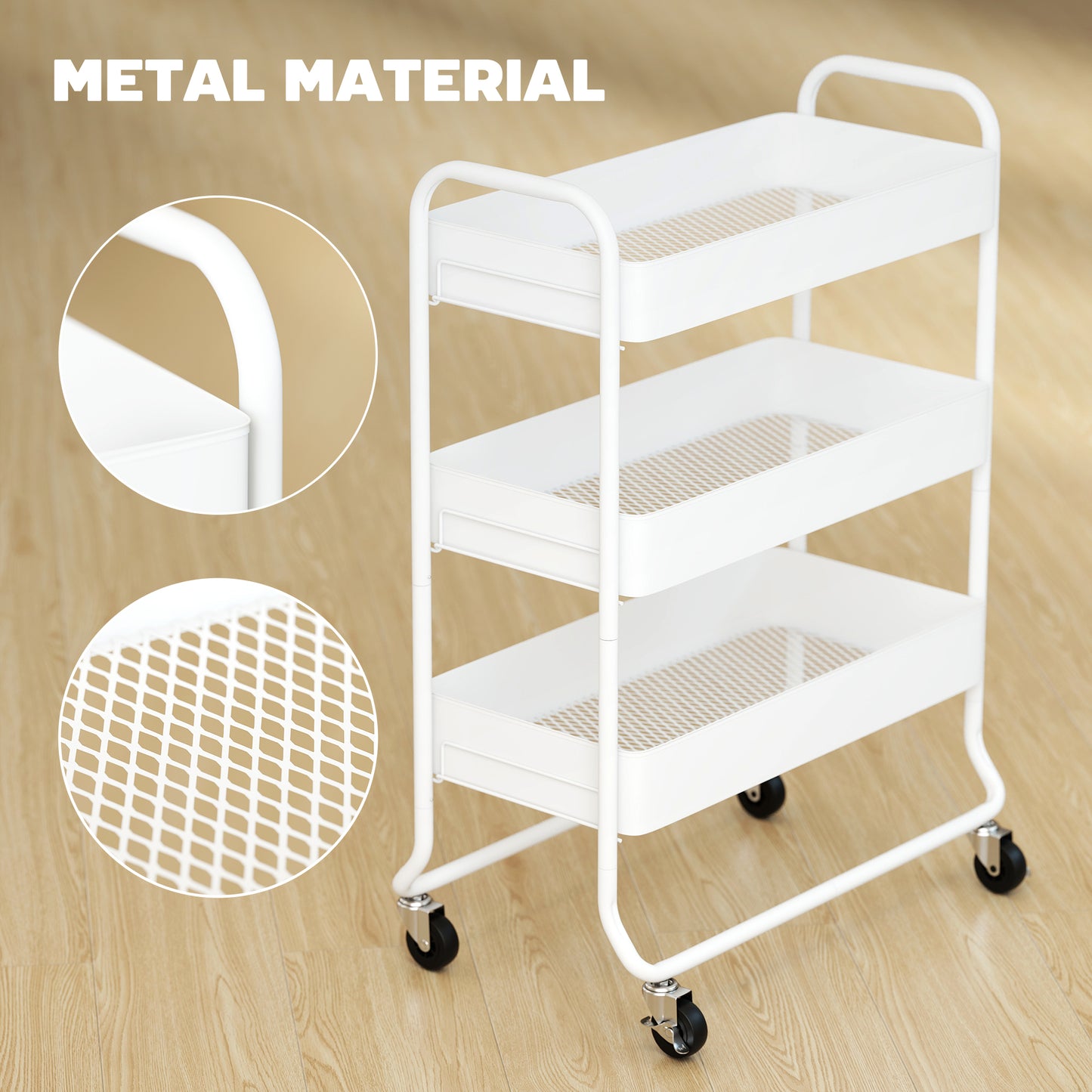 HOMCOM 3-Tier Storage Trolley on Wheels, Rolling Utility Cart with Mesh Backets for Kitchen, Bathroom, Bedroom, White