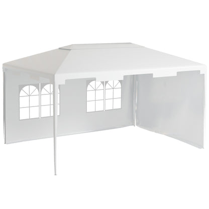 White garden gazebo with peaked roof, two windowed sidewalls, and one solid sidewall