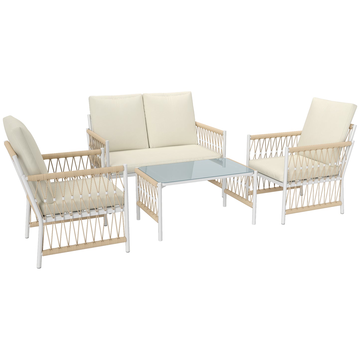 Photo of Outsunny 4 Piece Rattan Garden Furniture Set, 4 Seater Wicker Patio Conversation Set with 2 Armchairs, Loveseat, Glass Top Coffee Table and Cushions for Outdoor, Balcony, Khaki in Khaki colour on a white background