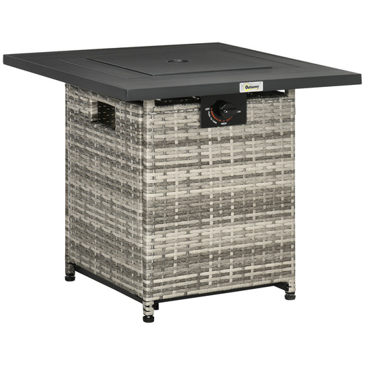 Photo of Outsunny Outdoor PE Rattan Gas Fire Pit Table, Patio Square Propane Heater with Rain Cover, Mesh Lid and Lava Stone, 40,000 BTU, Mixed Grey in Grey colour on a white background