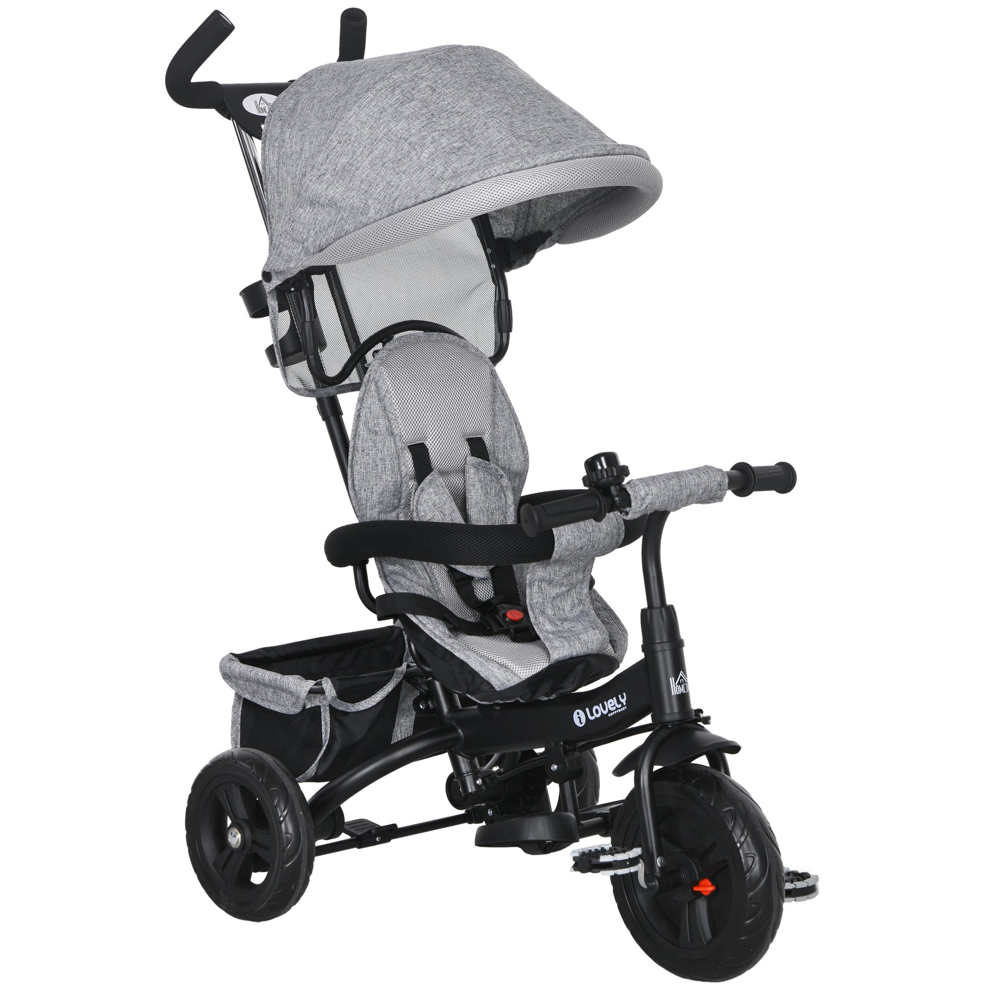 Photo of HOMCOM 6 in 1 Kids Trike Push Bike w/ Push Handle, Canopy, 5-point Seat Belt, Storage, Footrest, Brake, for 1-5 Years, Grey in Grey colour on a white background