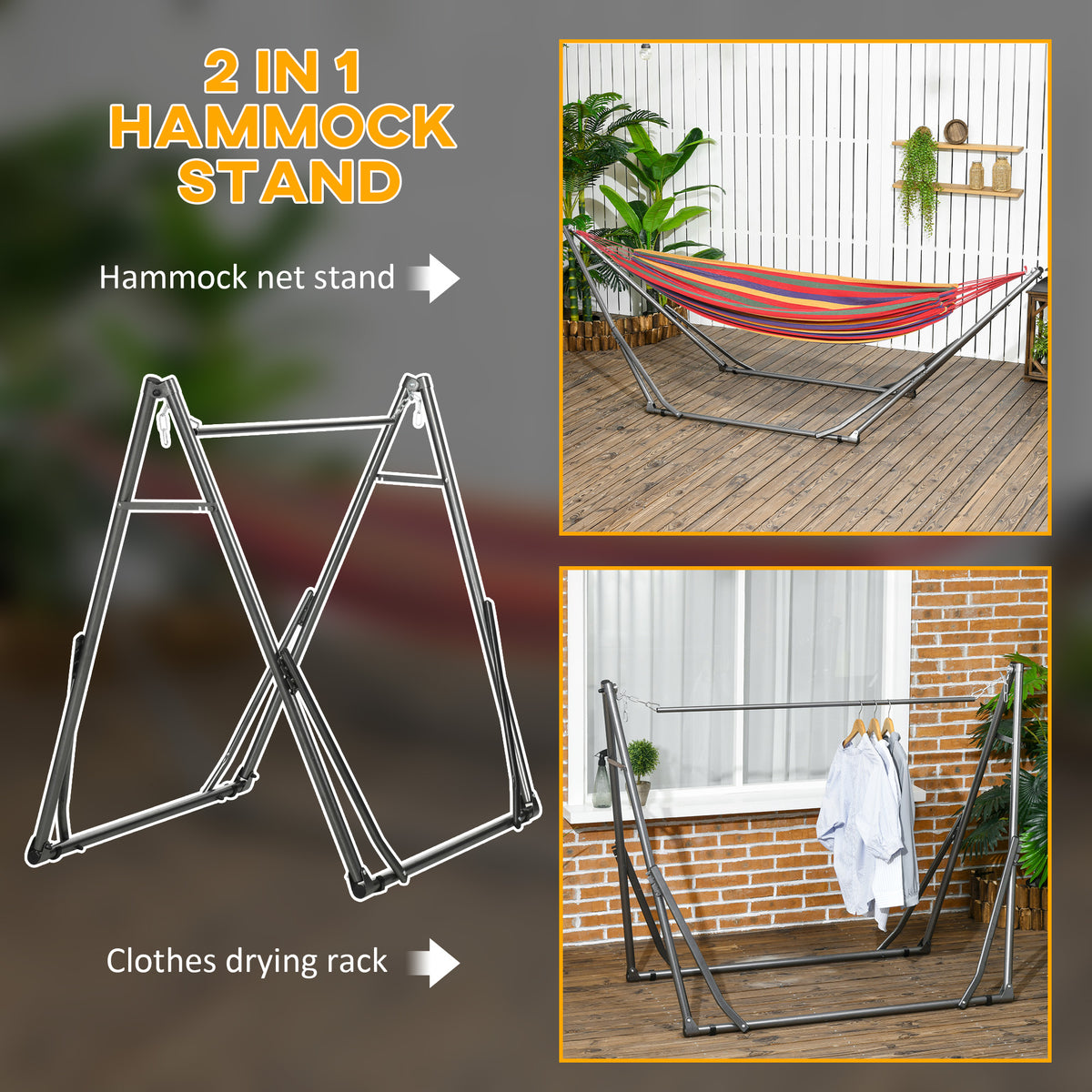 Outsunny 3 in 1 Foldable Hammock Stand, Portable Hanging Chair Stand with Metal Frame, Clothes Drying Rack, Load Capacity 120kg, for Patio, Garden, Fits 8.9ft Hammocks, Black