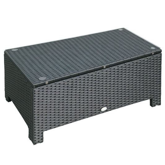 Photo of Outsunny PE Rattan Coffee Table, Rectangular Outdoor Coffee Table with Tempered Glass Top, 70 KG Capacity for Garden, Balcony, Terrace, Patio, Black in Black colour on a white background