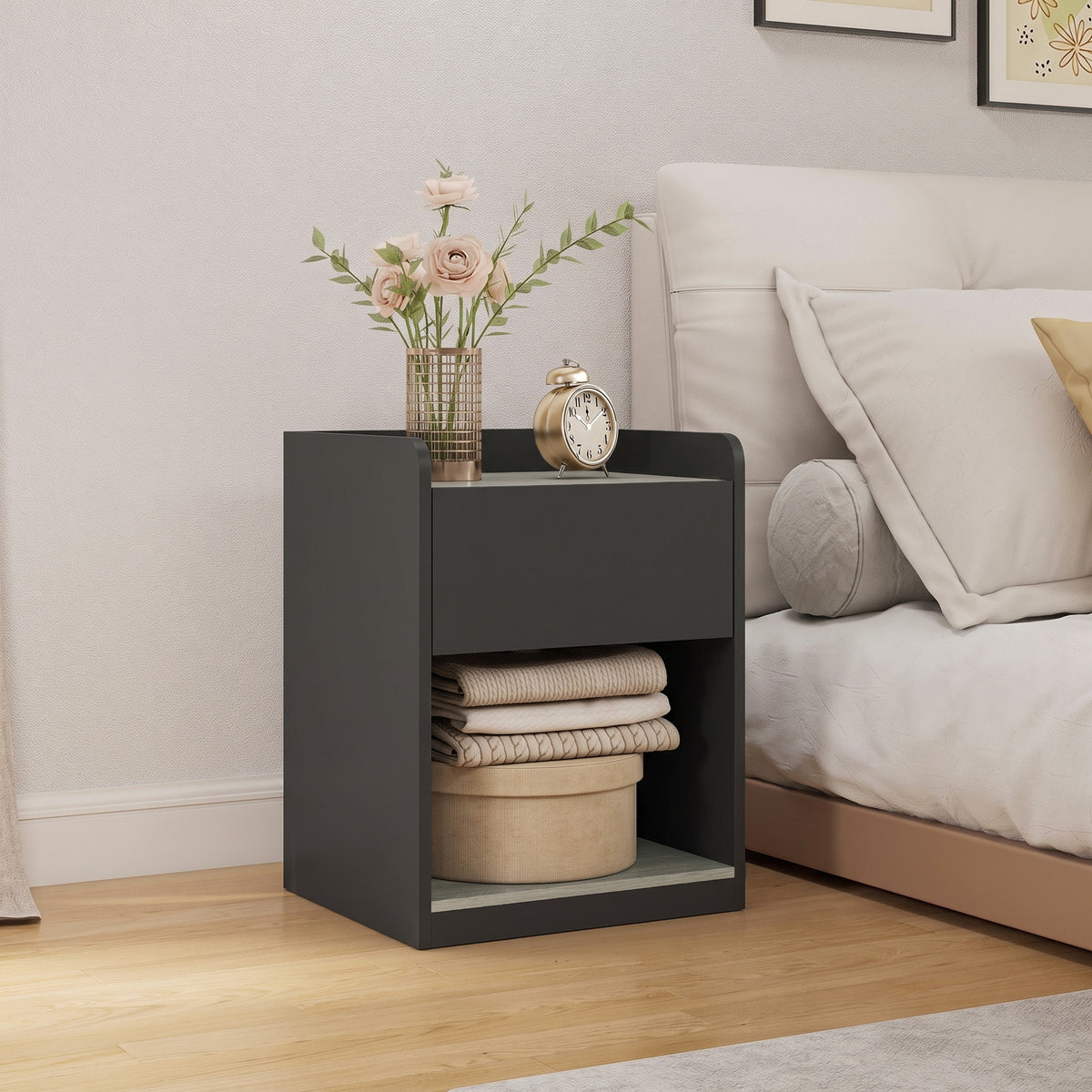 HOMCOM Modern Bedside Table, Slim Nightstand with Drawer, Shelf and Cable Holes, Black and Grey Wood Effect
