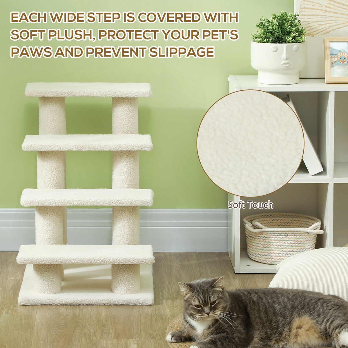 Cream four-step pet stairs with soft plush-covered platforms and a close-up of the fabric