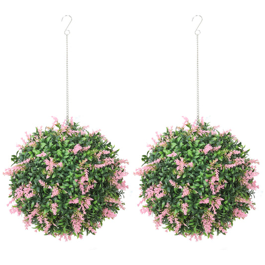 Photo of HOMCOM Set of 2 Artificial Plant Topiary Balls, UV-protected Fake Decorative Plants, Pink in Pink colour on a white background