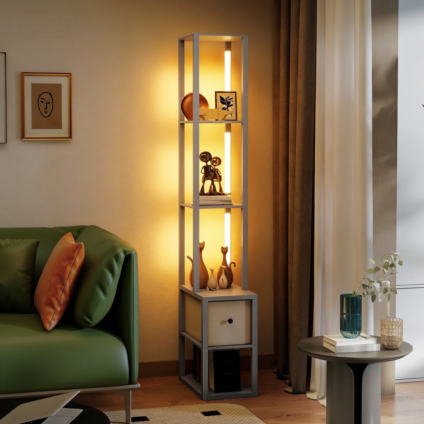 HOMCOM Floor Lamp with Shelves, LED Column Modern Standing Lamp with Fabric Drawer, Adjustable Brightness, Foot Switch for Living Room, Bedroom, Office, Grey