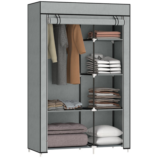 Open light gray fabric wardrobe with hanging rail and shelves holding clothes and linens.