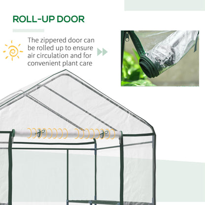 Greenhouse roll-up door secured above the entrance