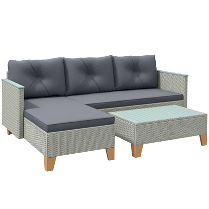 Outsunny 3-piece charcoal gray rattan garden set with L-shaped sofa, cushions, and coffee table