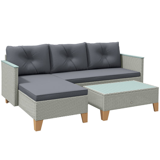 Photo of Outsunny 3 Pieces Rattan Garden Furniture Set, L Shaped Garden Conversation Chaise Lounge Furniture with Wood Top Coffee Table and Thick Cushions, Charcoal Grey in Grey colour on a white background