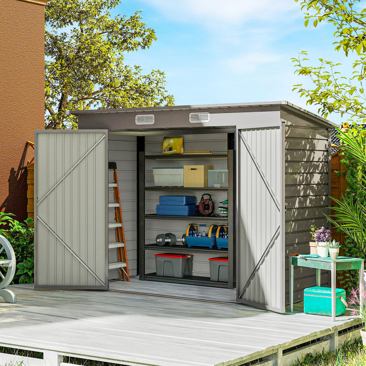 Galvanised steel shed with open double doors and storage shelves inside