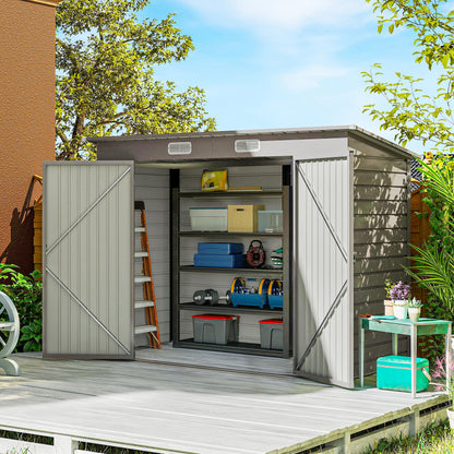 Galvanised steel shed with open double doors and storage shelves inside
