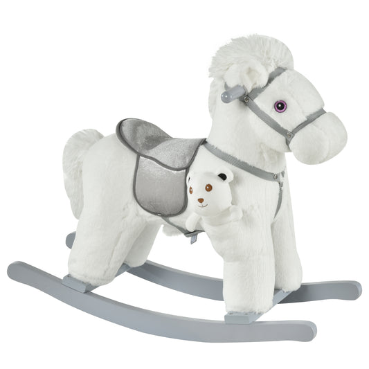 Photo of HOMCOM Kids Plush Ride-On Rocking Horse Toy Rocker with Plush Toy Realistic Sounds for Child 18-36 Months White in White colour on a white background