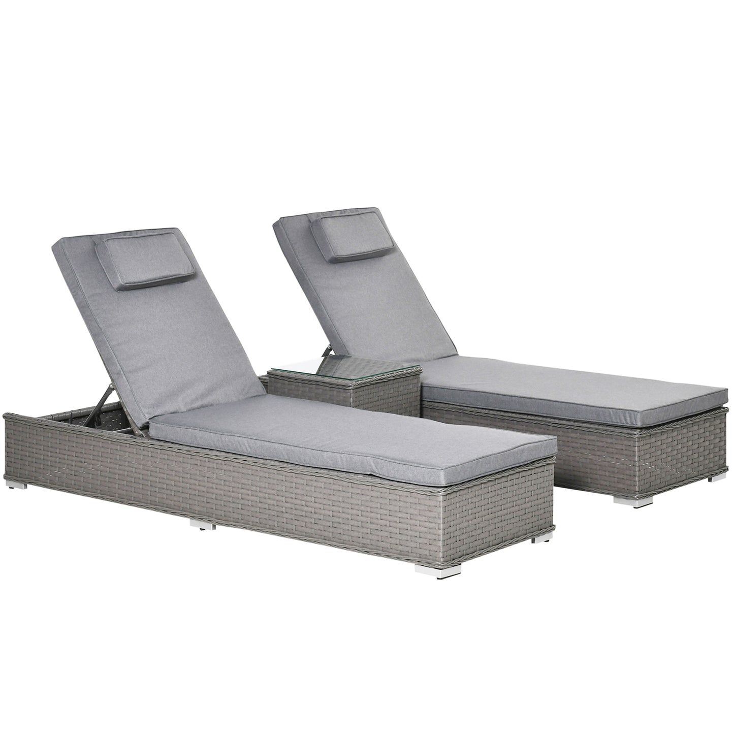 Photo of Outsunny 3 Pieces Rattan Sun Lounger Set with Aluminium Frame, 5-Position Adjustable Reclining Garden Chairs and Glass Top Table, Wicker Garden Furniture Daybed with Cushions for Patio, Grey in Grey colour on a white background