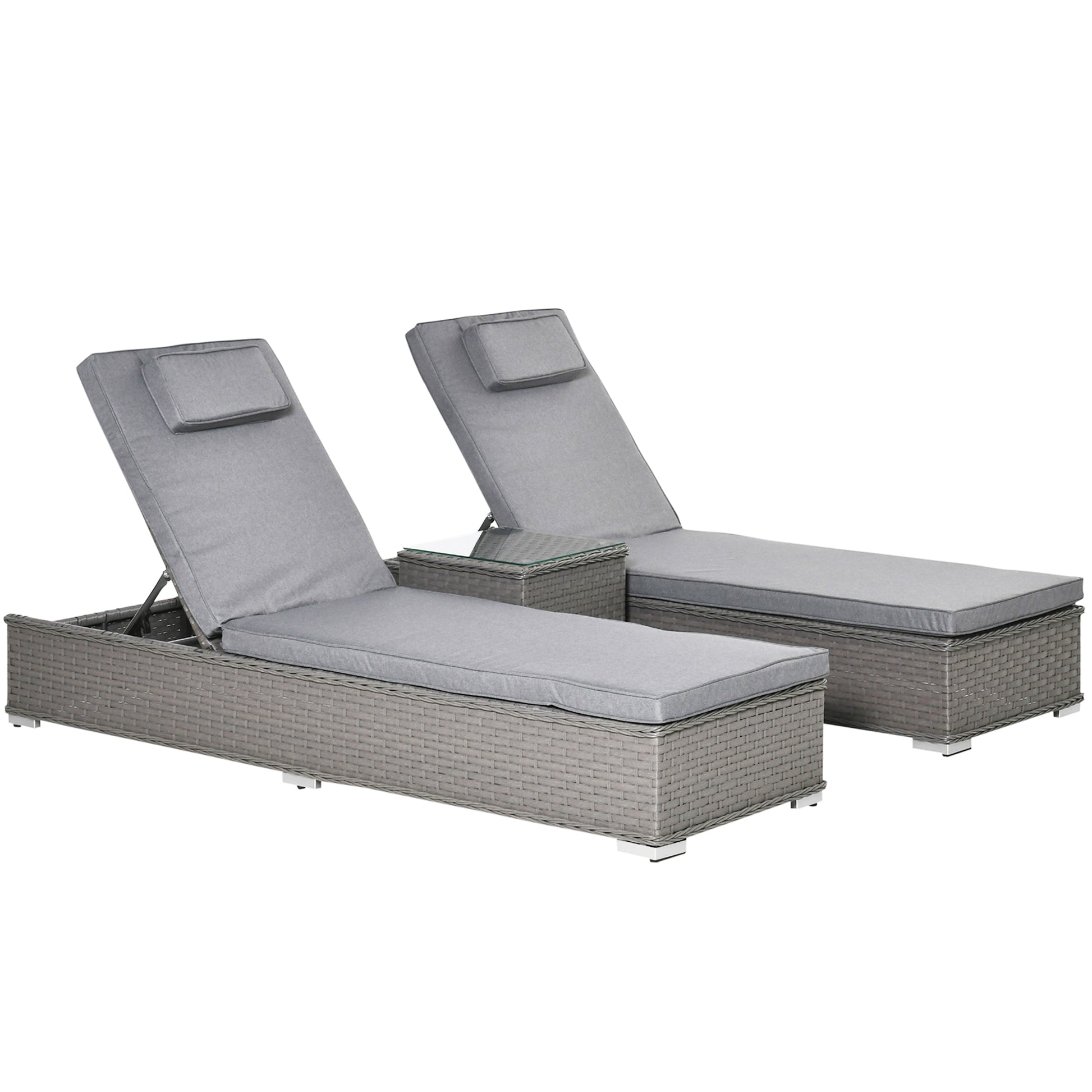 Photo of Outsunny 3 Pieces Rattan Sun Lounger Set with Aluminium Frame, 5-Position Adjustable Reclining Garden Chairs and Glass Top Table, Wicker Garden Furniture Daybed with Cushions for Patio, Grey in Grey colour on a white background