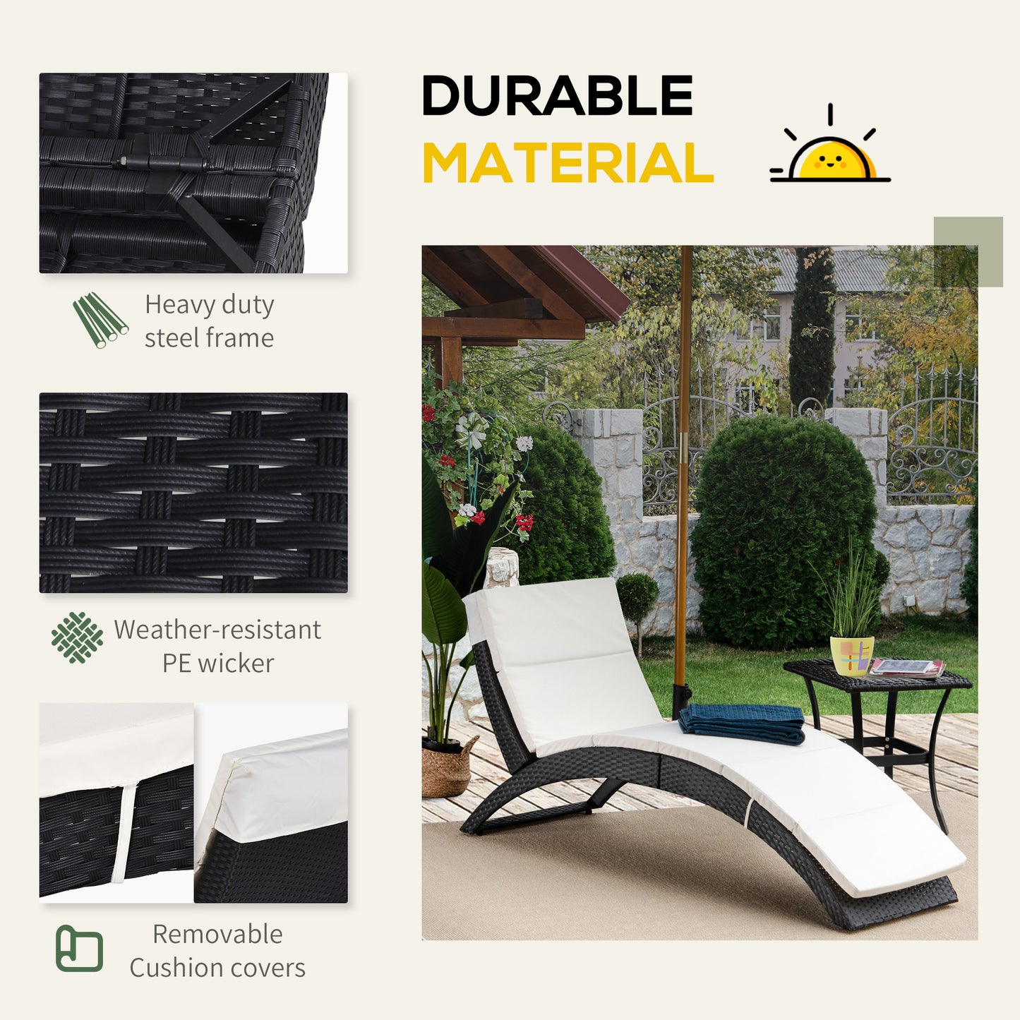 Outsunny Folding Sun Lounger, PE Rattan Garden Lounger Chair with Soft Padded Cushion, Ergonomic Curved Design Sun Bed for Balcony, Garden, Black