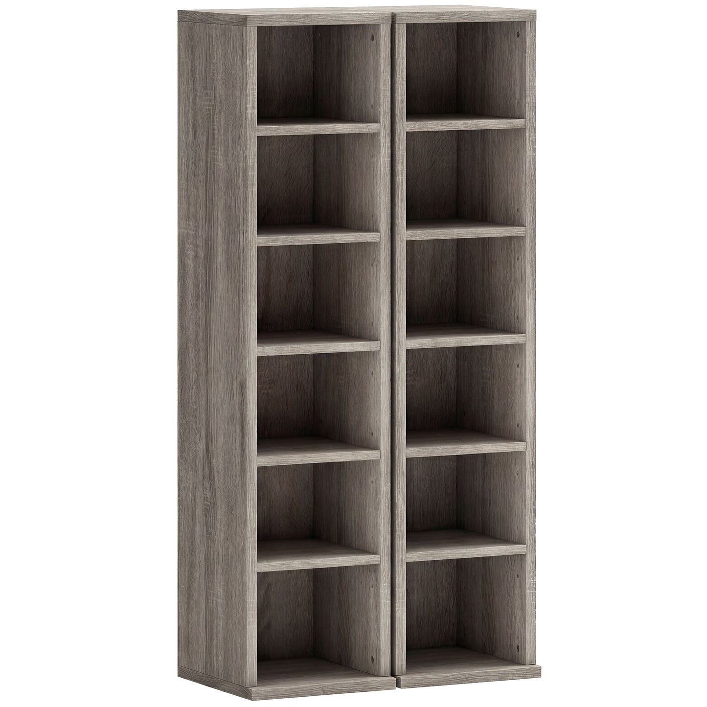 Photo of HOMCOM Set of 2 CD Media Display Shelf Unit Tower Rack with Adjustable Shelves, Distressed Grey in Grey colour on a white background
