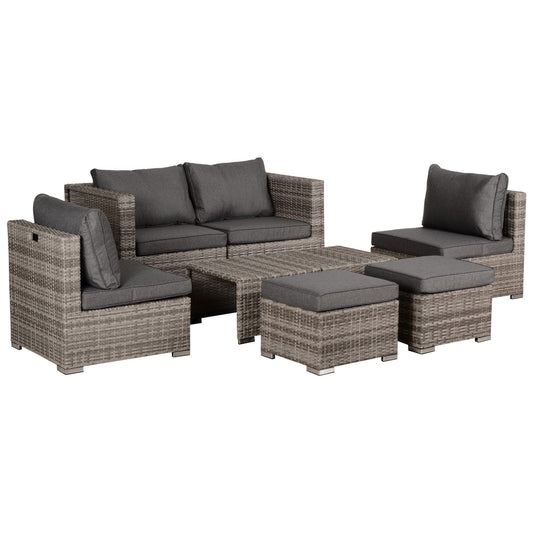 Photo of Outsunny 8 Pieces Rattan Garden Furniture Set, Garden Corner Sofa Set with 4 Chairs, 2 Footstools, 2 Coffee Tables and Cushions, Space-Saving Design, No Assembly Required, Grey in Grey colour on a white background
