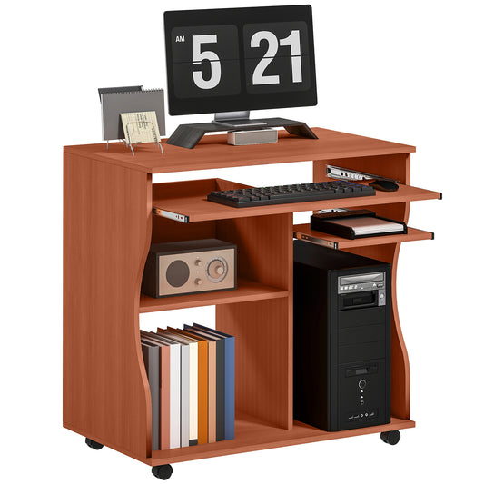 Compact cherry wood computer desk with keyboard tray, shelves, books and computer tower.