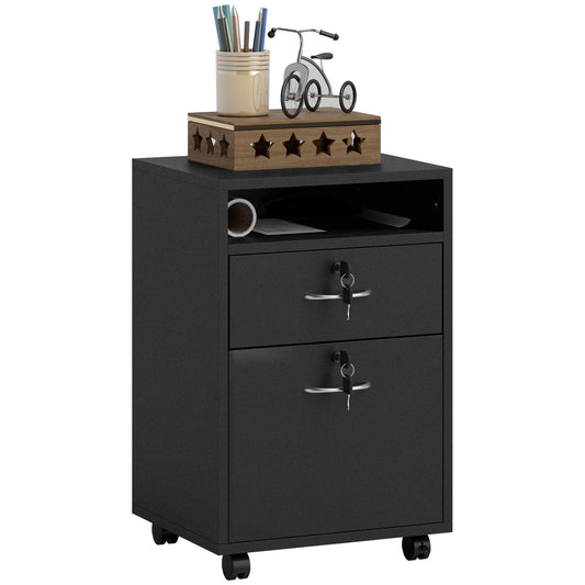Photo of HOMCOM Filing Cabinet, Mobile File Cabinet with 2 Lockable Drawers, Office Home Organiser on Wheels for A4, Letter-Size File Folders, Mobile Printer with Open Shelf, Black in Black colour on a white background