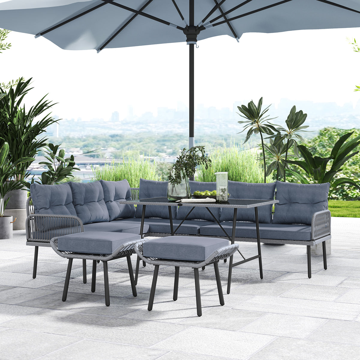 Outsunny 6 Piece Rattan Garden Furniture Set, 8 Seater Garden Corner Sofa with Cushions and Glass Top Table, Sectional Outdoor Furniture Conservatory Set for Patio, Charcoal Grey