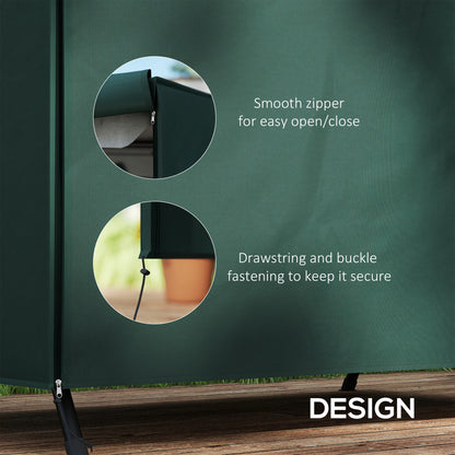 Green swing chair cover with close-ups of its zipper, drawstring and buckle fastening