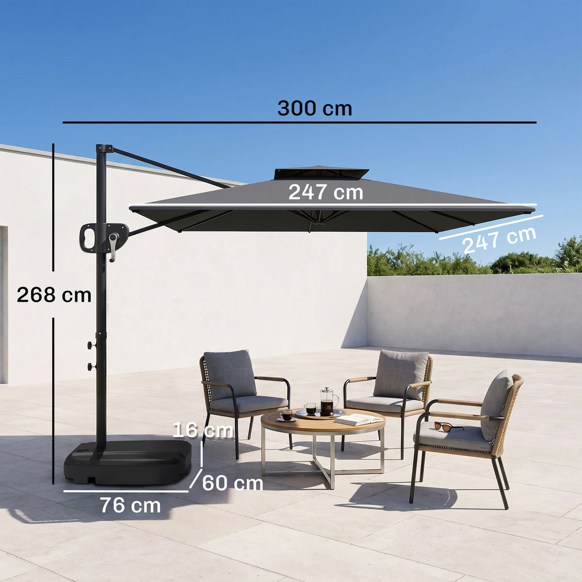 Cantilever patio umbrella with weighted base and dimensions shown