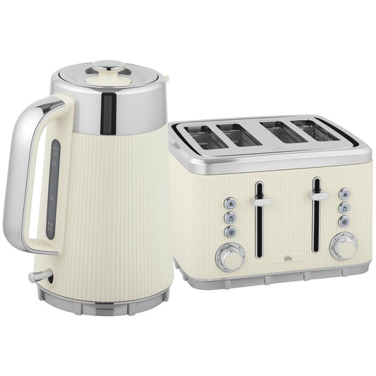 Photo of HOMCOM Electric Stainless Steel Kettle and Toaster Set, 3000W 1.7L UK Strix Thermostat Fast Boil Kettle w/ Limescale Filter, Cool Touch Body, 4 Slice Toaster with 7 Browning Levels, Cream White in White colour on a white background