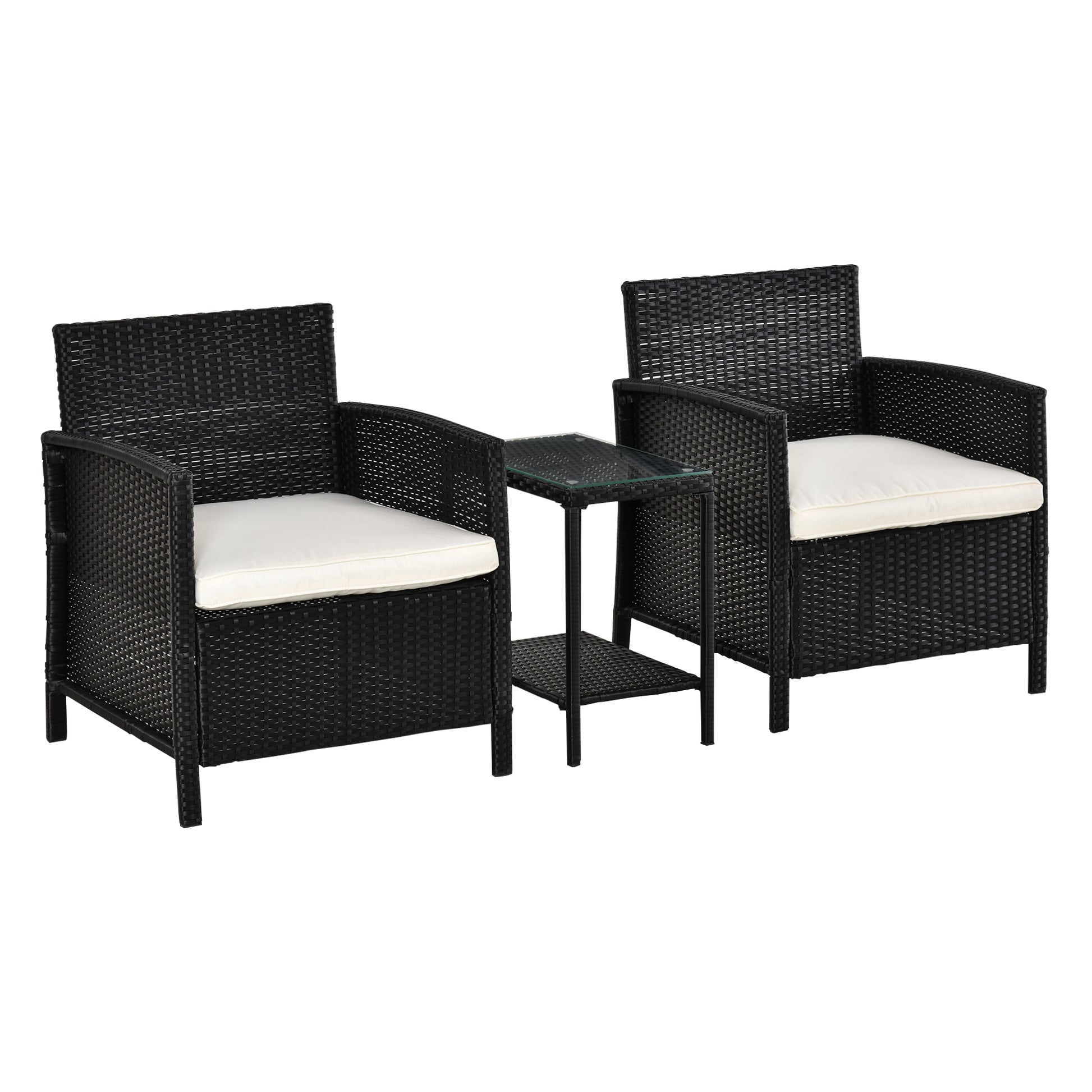 Photo of Outsunny 2-Seater PE Rattan Side Table & Armchair Bistro Set Jack and Jill Seat w/ Pillows Black in Black colour on a white background