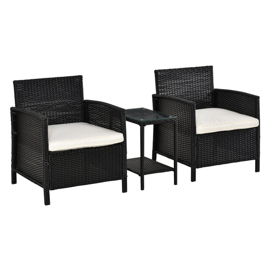 Photo of Outsunny 2-Seater PE Rattan Side Table & Armchair Bistro Set Jack and Jill Seat w/ Pillows Black in Black colour on a white background