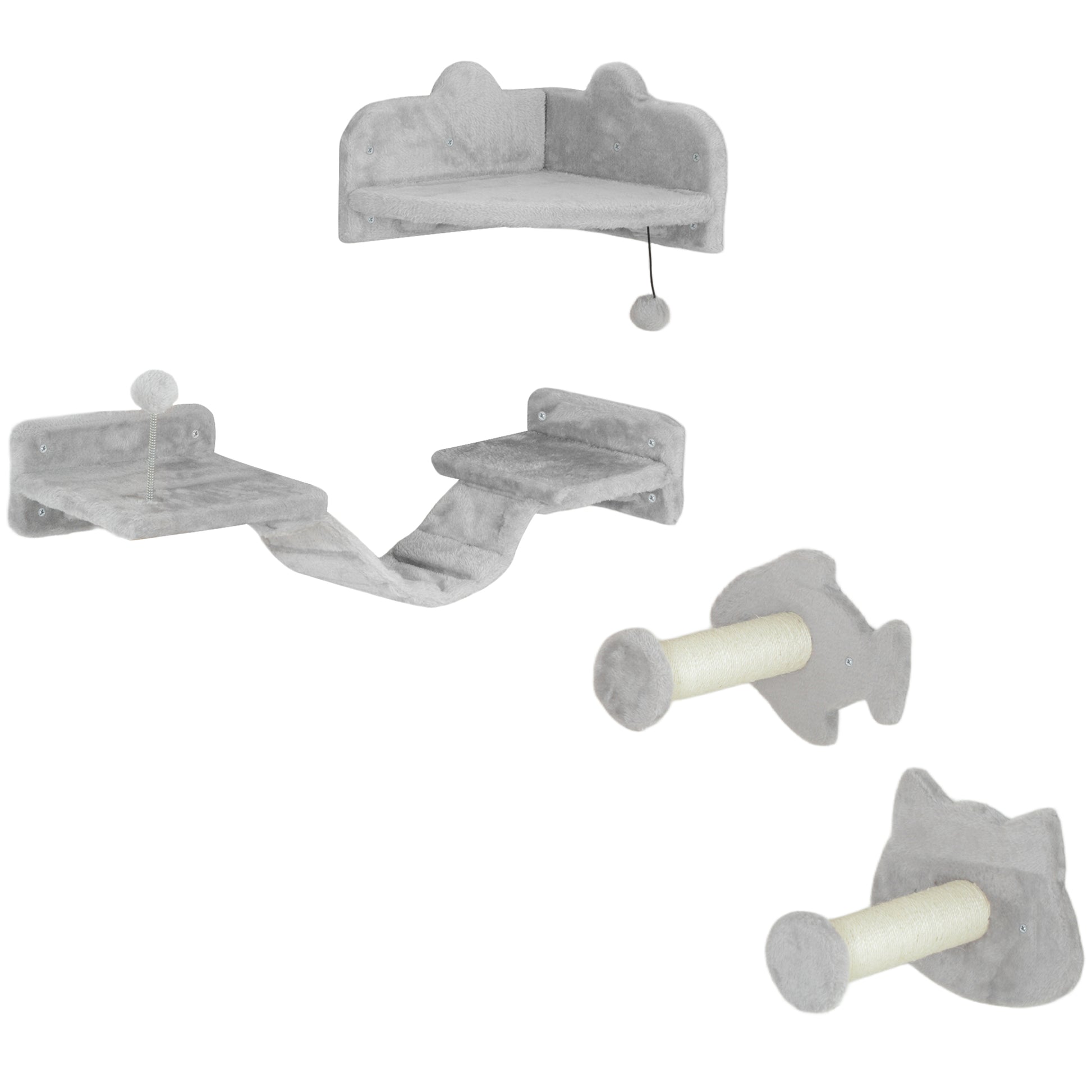 Photo of PawHut 4-Piece Cat Wall Shelves with Steps, Ladder, Jumping Platforms, Light Grey in Grey colour on a white background