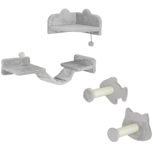 Photo of PawHut 4-Piece Cat Wall Shelves with Steps, Ladder, Jumping Platforms, Light Grey in Grey colour on a white background