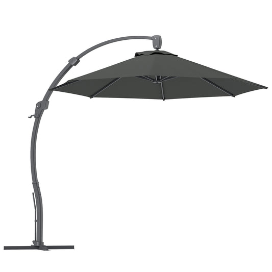 Photo of Outsunny 3(m) Garden Cantilever Parasol, Round Overhanging Umbrella with Crank Handle, Cross Base, Aluminium Frame and 360° Rotation, Banana Patio Umbrella for Outdoor Sun Shade, Grey in Grey colour on a white background