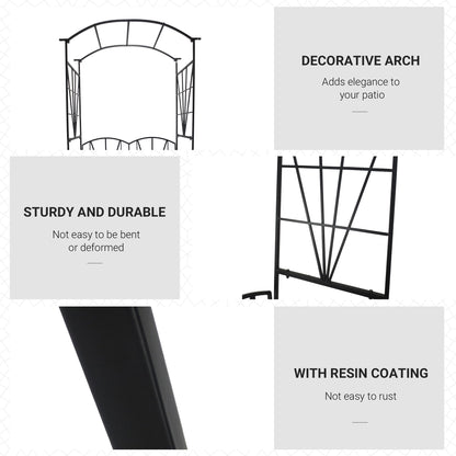 Garden bench details show decorative arch, sturdy metal frame, and resin coating