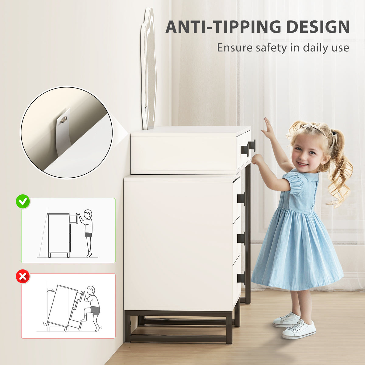 Side view of the vanity desk with anti-tip wall attachment.